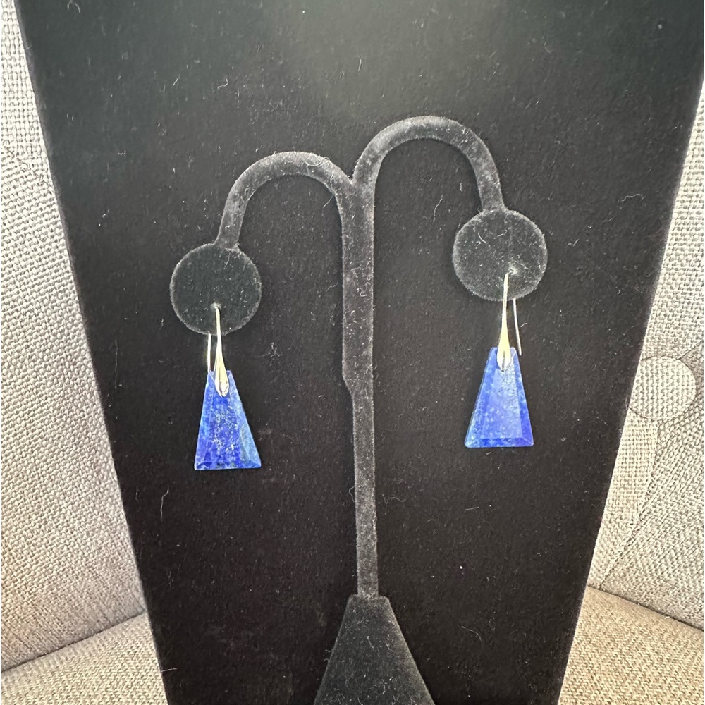 Lapis Trapzoid & Titaium Handcrafted Earrings 2”